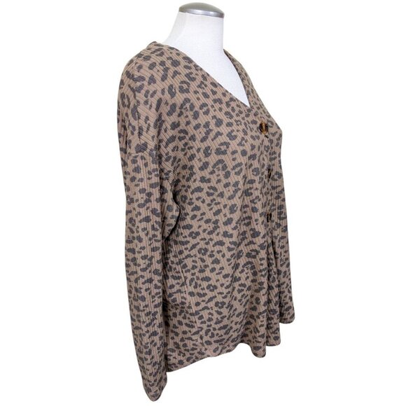 Aero Knit Cardigan Sweater Womens L Brown Leopard Print Ribbed Knit Button Up - Picture 3 of 8